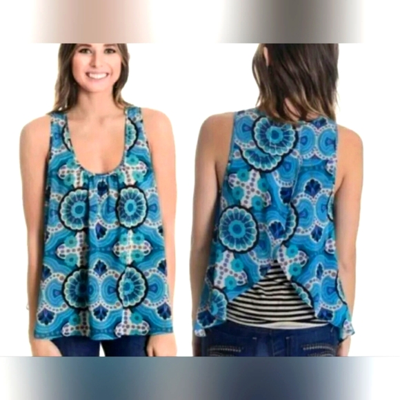 Anthropologie Meadow Rue Flowy Layered Tank Menon Geometric Blue Medallion - Picture 3 of 10